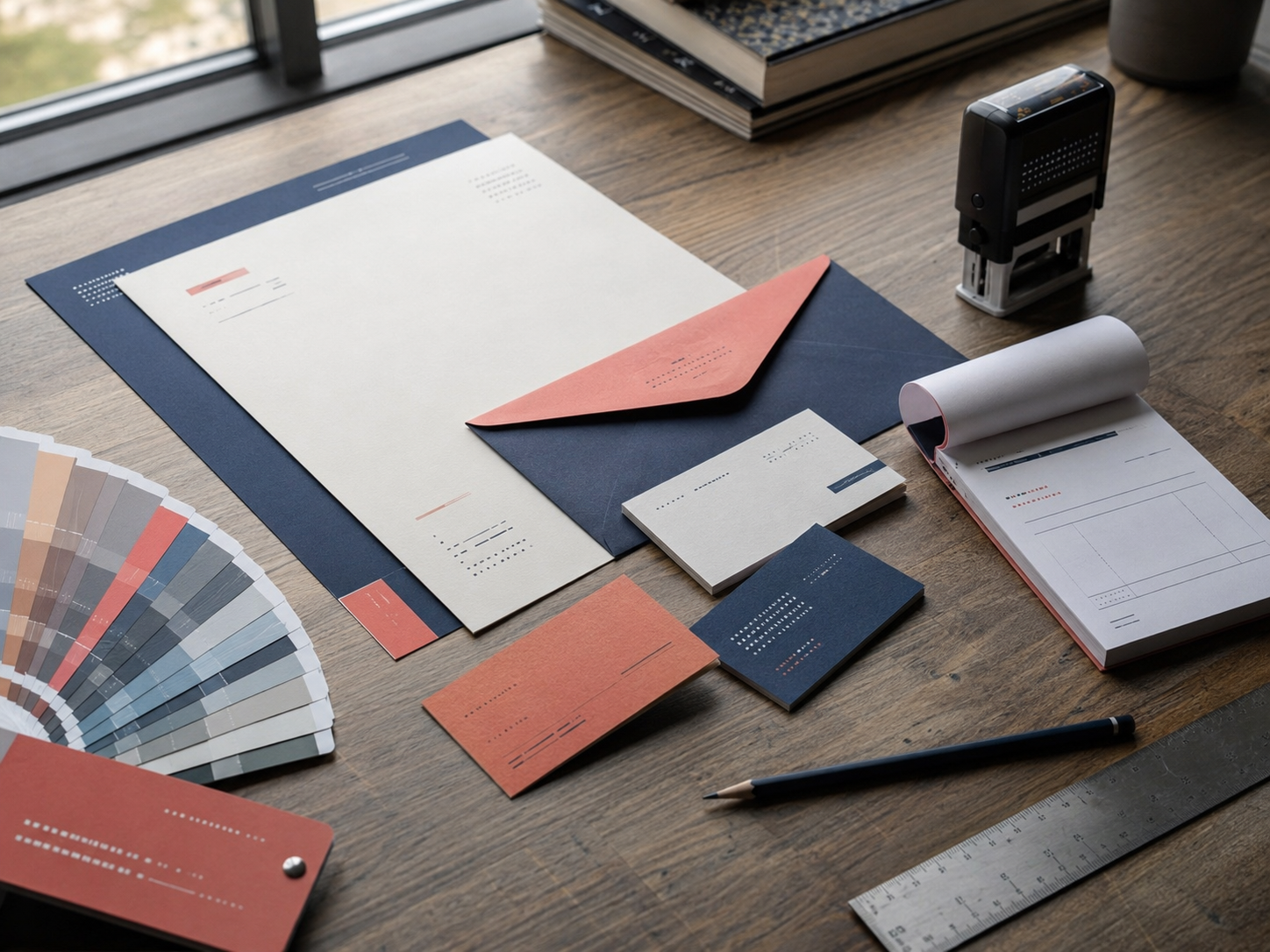 Papelería corporativa, tarjetas, recibos, sello y muestras de color